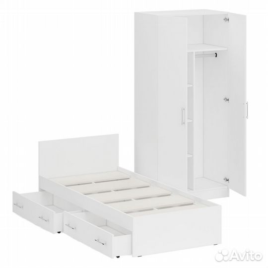 Кровать белая односпальная с ящиками 900 со шкафом для одежды 2-х створчатым Стандарт, цвет белый, с