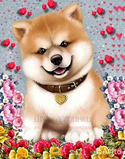 Алмазная мозаика 21x25 Пушистый щенок среди роз