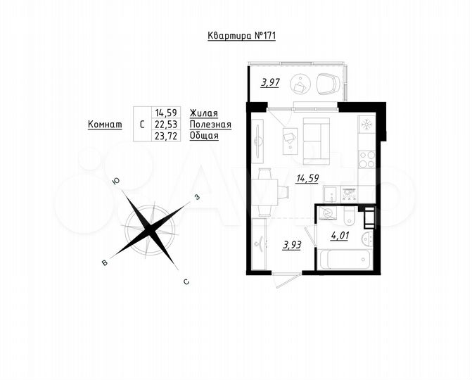 Квартира-студия, 23,7 м², 5/5 эт.
