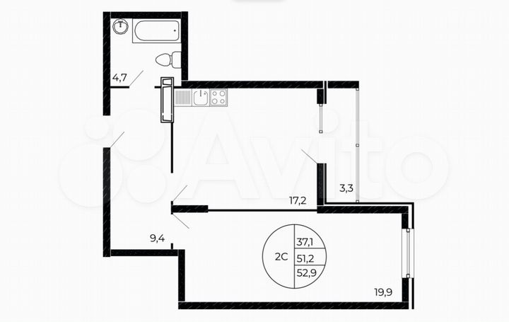 2-к. квартира, 52,9 м², 2/17 эт.