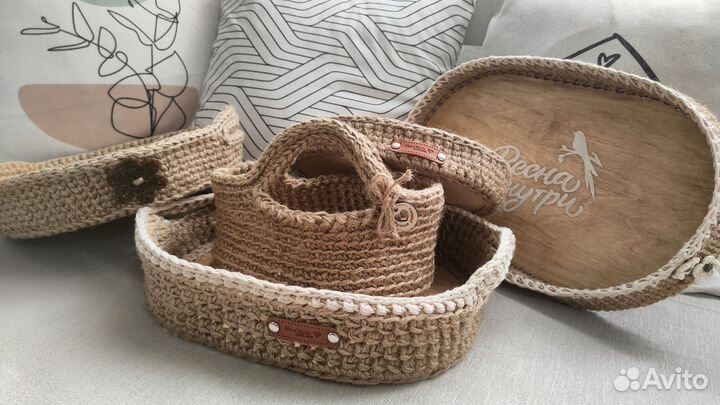 Поднос корзинка сумочка из джута деревянное дно