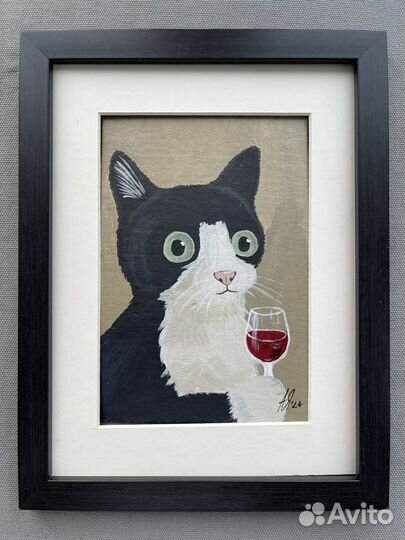 Картины этюды Кот и вино 10х15 картон