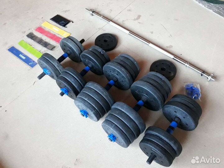 Гантели новые 2 по 10, 2 по 15, гриф 125 см