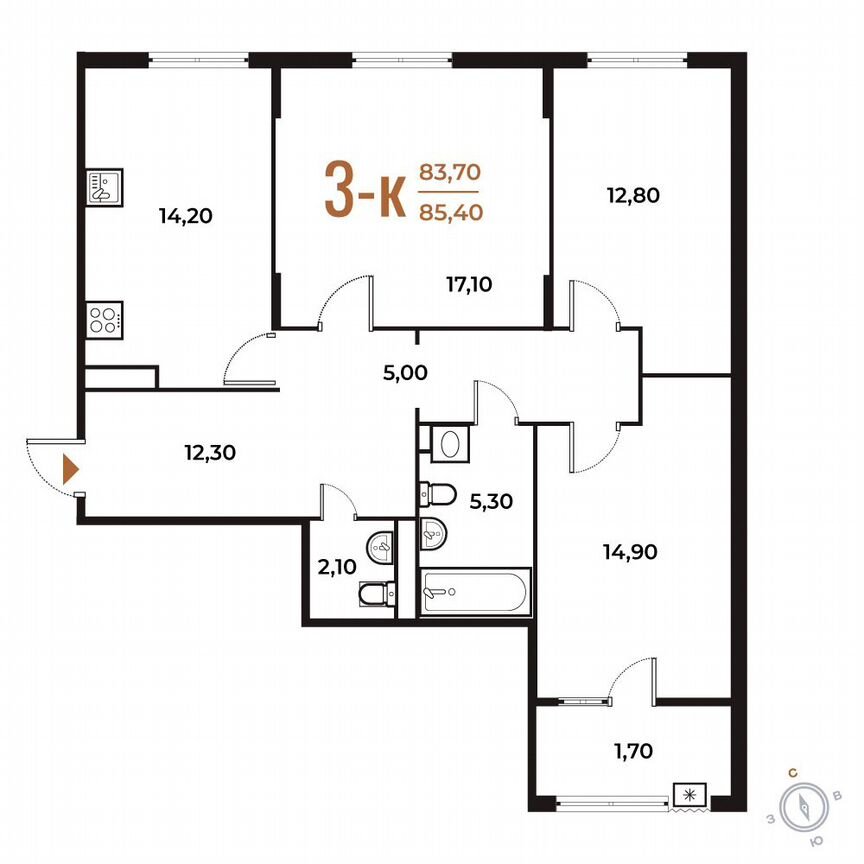 3-к. квартира, 85,4 м², 3/8 эт.