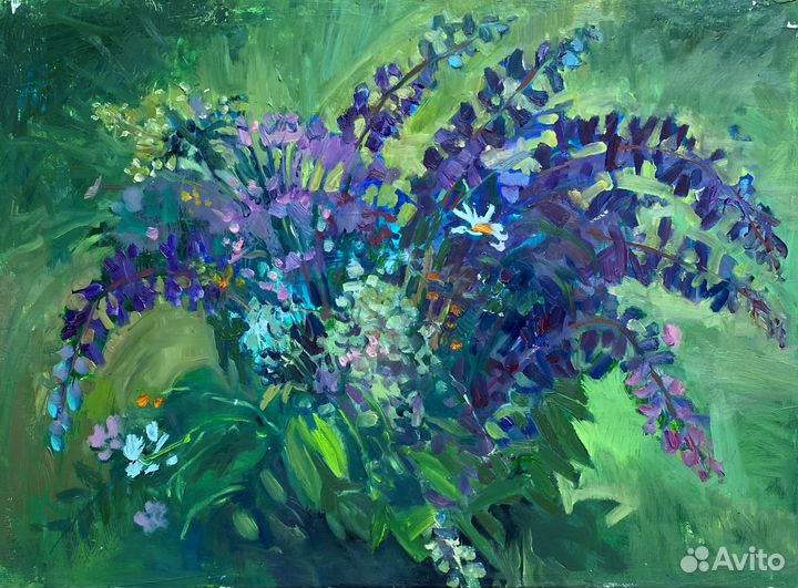 Картина маслом Цветы Люпины в подарок