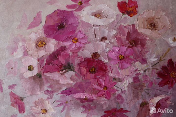 Картина маслом Цветы Фиалки и Космея 35х40см