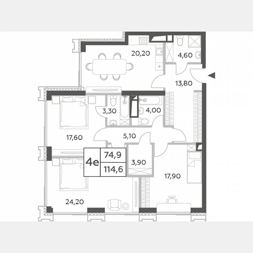 3-к. квартира, 114,6 м², 27/54 эт.