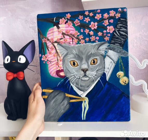 Картина маслом на холсте кот самурай