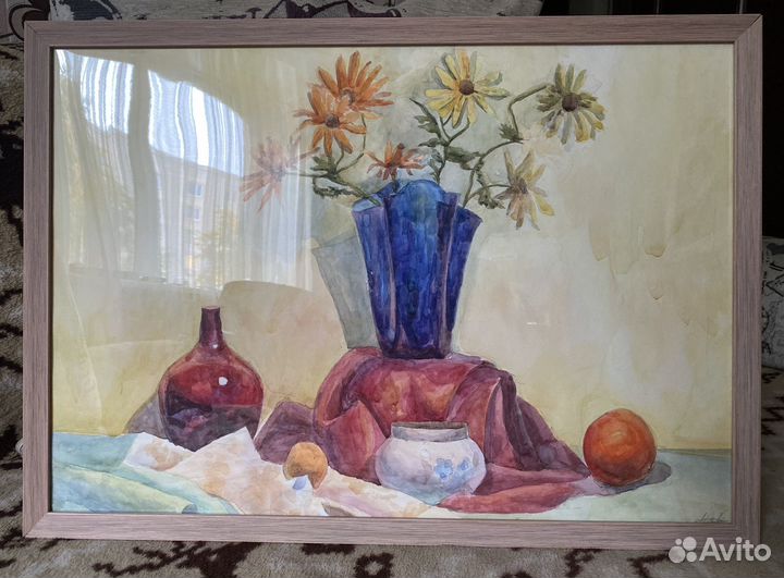 Картина акварелью натюрморт с цветами 35*50