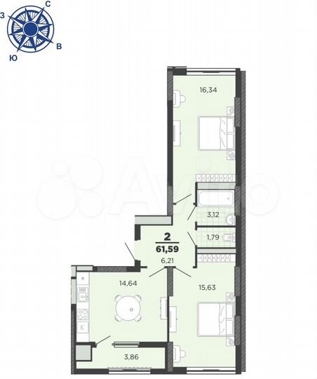 2-к. квартира, 61,6 м², 20/25 эт.