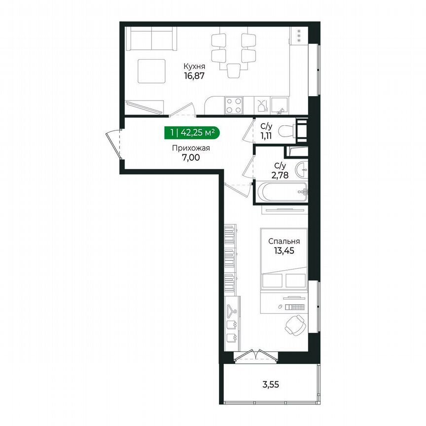 1-к. квартира, 42,3 м², 8/8 эт.
