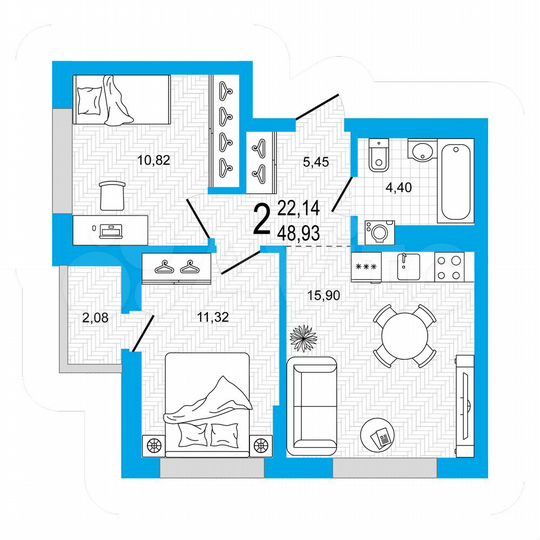2-к. квартира, 48,9 м², 13/26 эт.