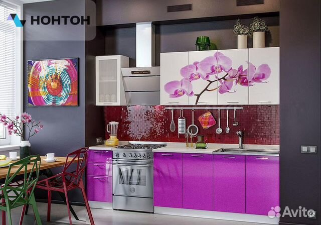 Кухня Орхидея 2.0 м белый глянец / фиолетовый мета