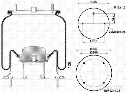 S&K gmbh SK4154K01 Пневмоподушка со стаканом 2шп.M10 1штуц.M16 смещ.73 Поршень сталь 4отв.M12