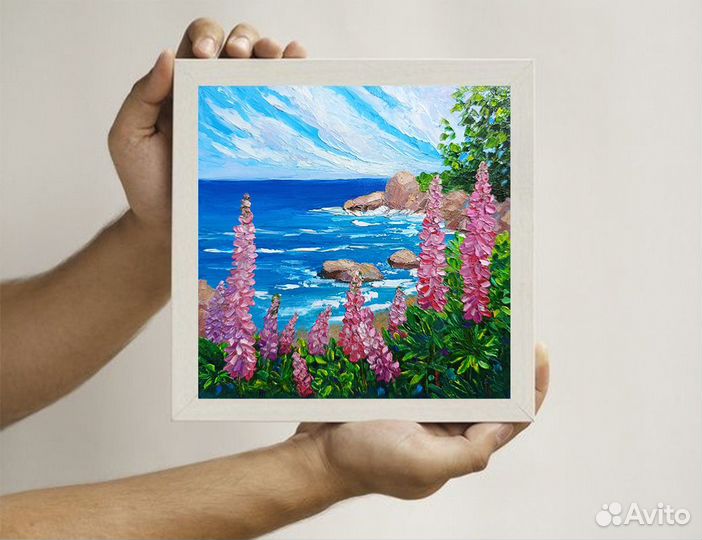 Картина маслом, море, цветы, холст 20х20см