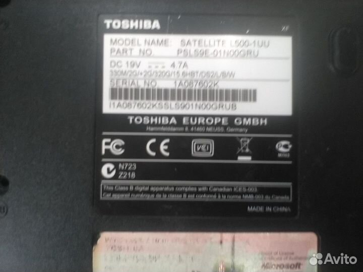 Ноутбук toshiba satellite L500 на запчасти