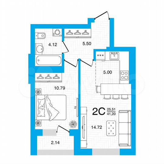 2-к. квартира, 41,2 м², 5/22 эт.