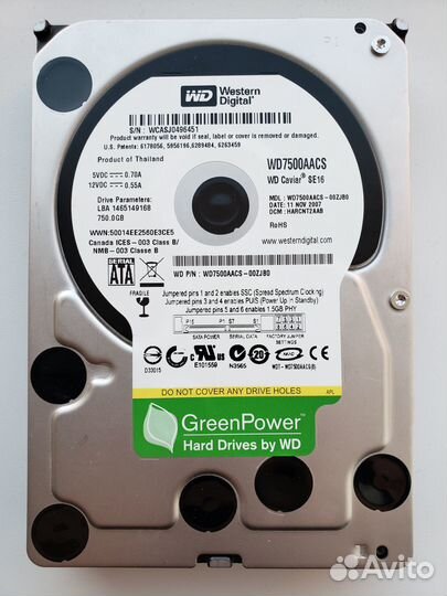Жесткий диск WD Caviar Green 750 гб (WD7500aacs)