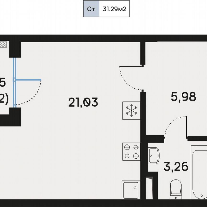 Квартира-студия, 31,3 м², 6/9 эт.