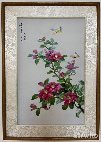 Картина, вышитая гладью на шелке, корейская