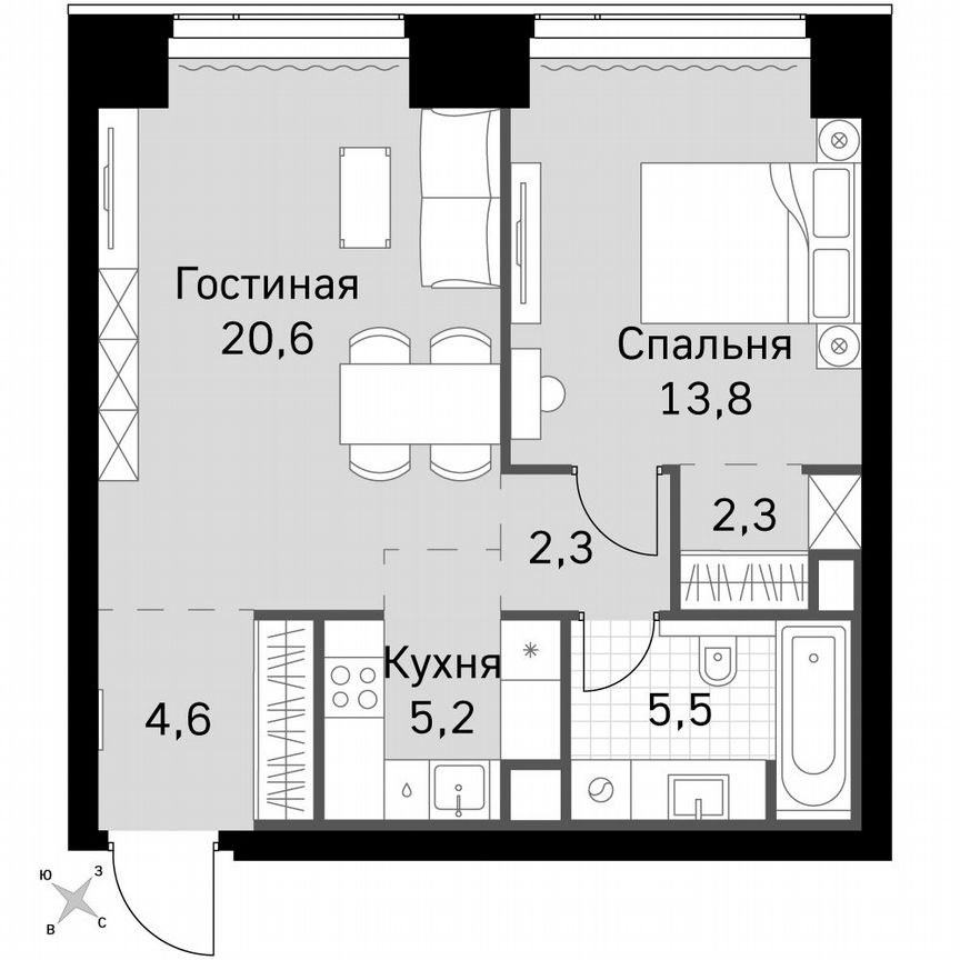 1-к. квартира, 54,3 м², 2/49 эт.