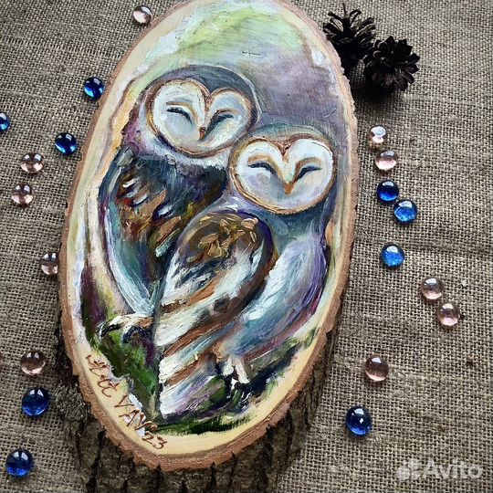 Картина маслом Совы на спиле дерева 35х16 см