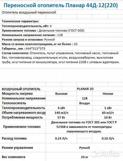 Переносной отопитель Планар 44Д-12(220)