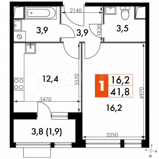 1-к. квартира, 41,8 м², 3/16 эт.