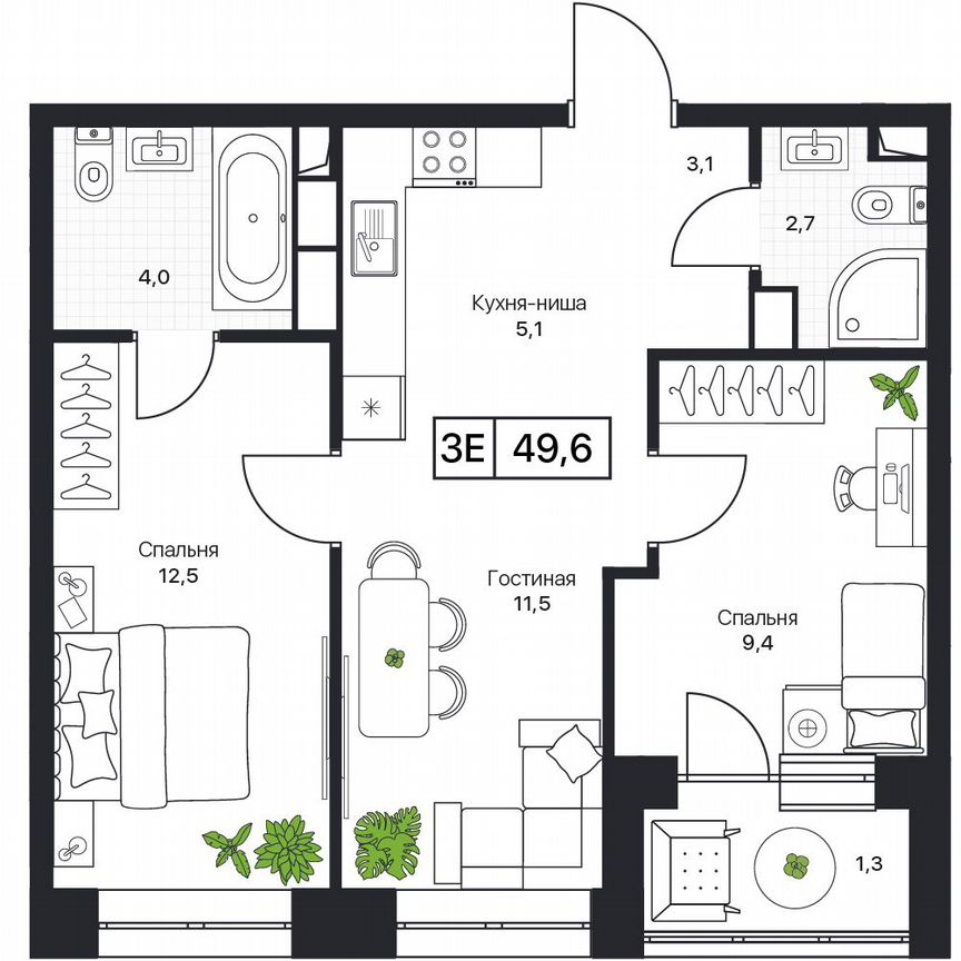 3-к. квартира, 49,6 м², 7/17 эт.