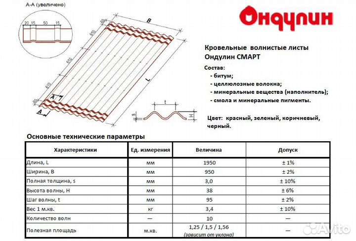 Ондулин Черепица 0.96*1.95, Smart 0,95х1,95