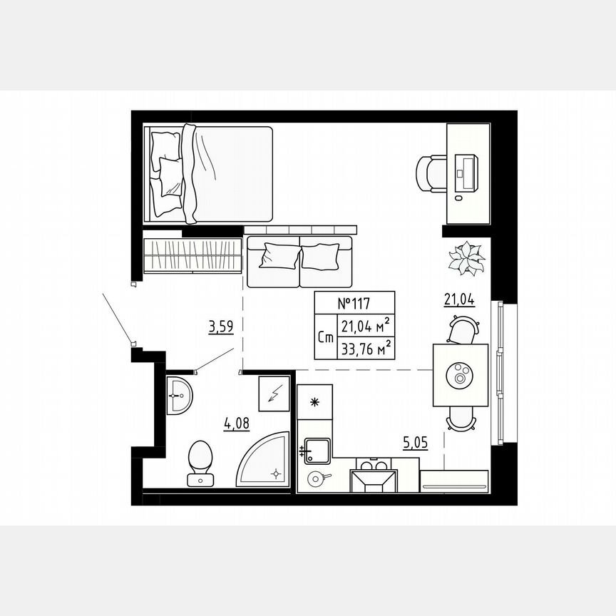 1-к. квартира, 33,8 м², 1/4 эт.