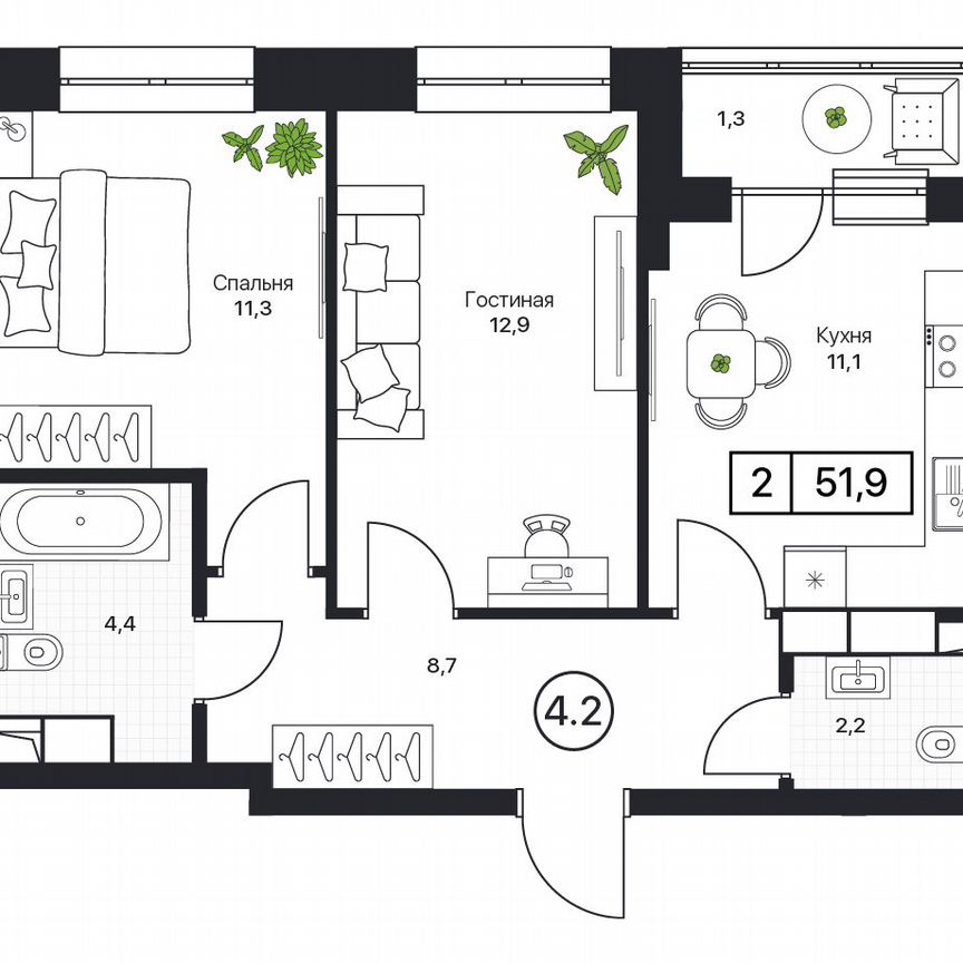 2-к. квартира, 51,9 м², 2/17 эт.