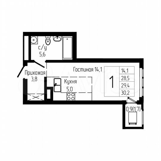 Квартира-студия, 29,4 м², 13/24 эт.