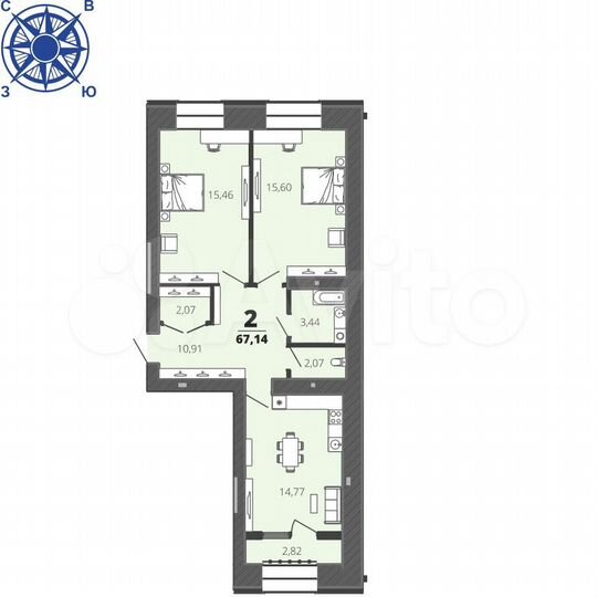 2-к. квартира, 67,1 м², 1/16 эт.