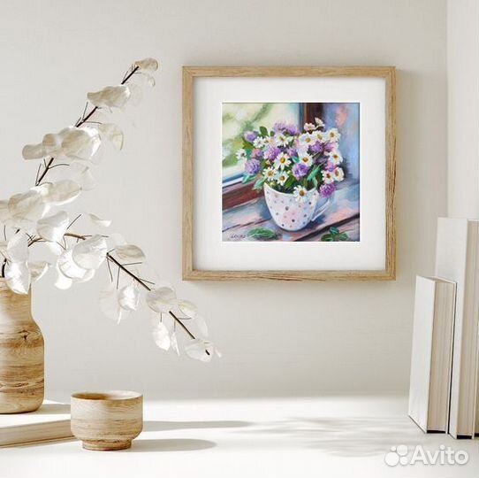 Картина маслом с букетом полевых цветов 30/30 см