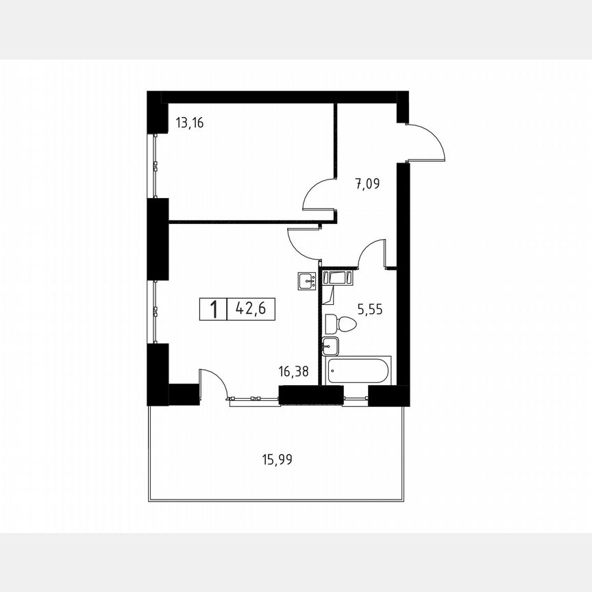 1-к. квартира, 42,6 м², 1/3 эт.