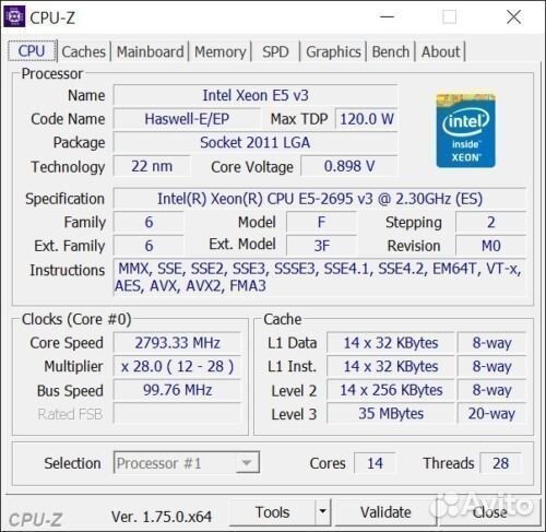 Intel Xeon Processor E5-2695v3 CPU 2.3GHz 14 QS