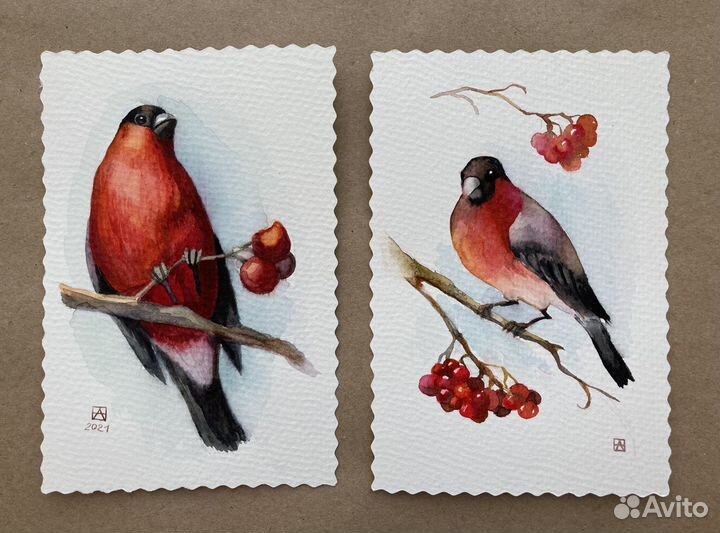 Открытка ручной работы снегирь