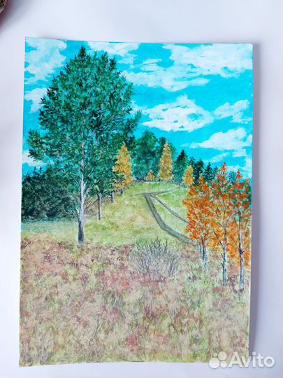 Авторская картина А4 Осень в лесу акварель