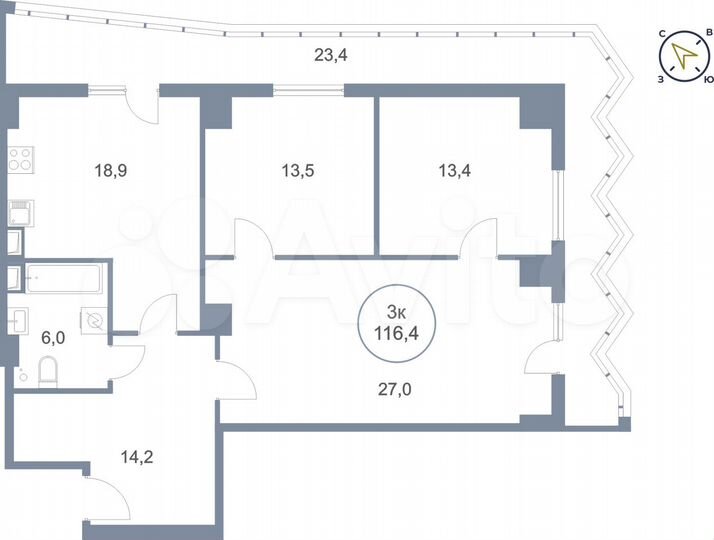 3-к. квартира, 116,4 м², 13/25 эт.