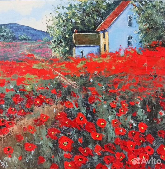 Картина маслом на холсте, пейзаж, красные маки