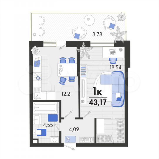 1-к. квартира, 43,2 м², 1/7 эт.