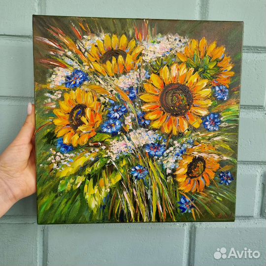 Цветы подсолнухи васильки картина маслом на холсте