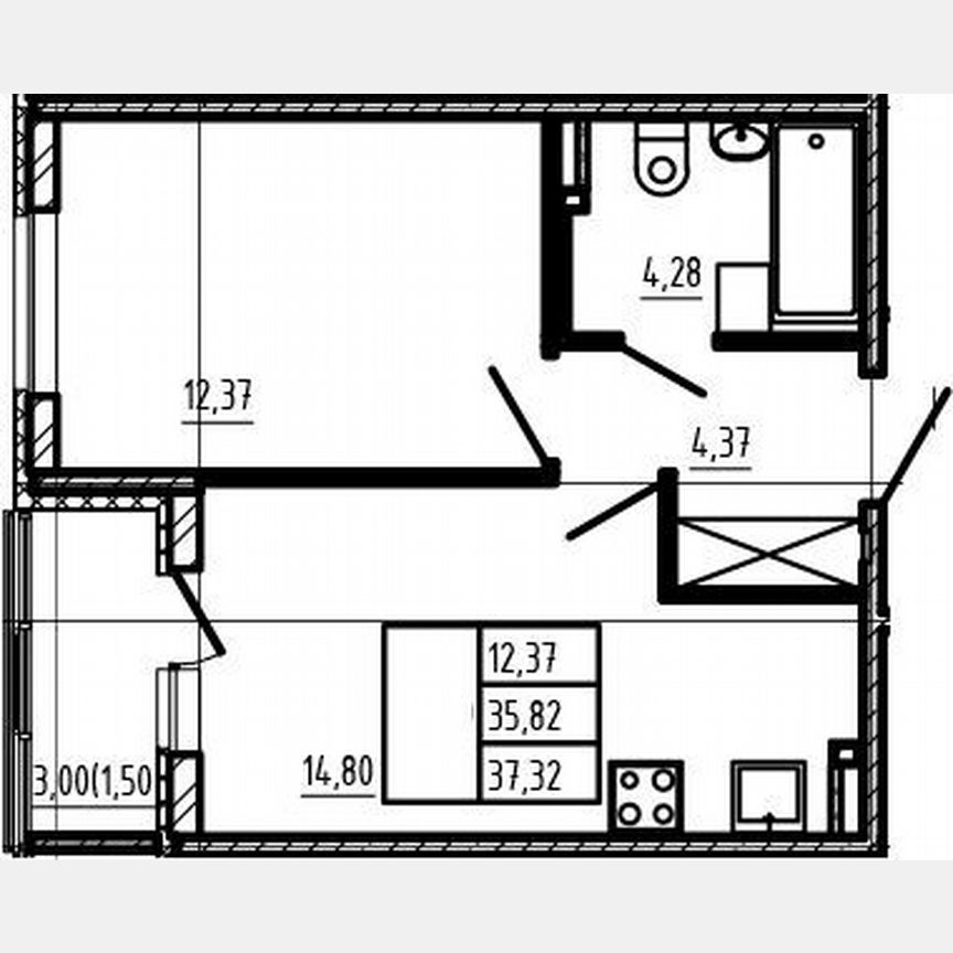 1-к. квартира, 35,8 м², 2/4 эт.