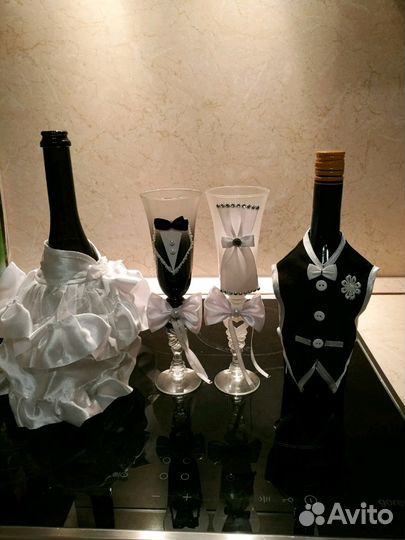 Фужеры свадебные и украшения для бутылки