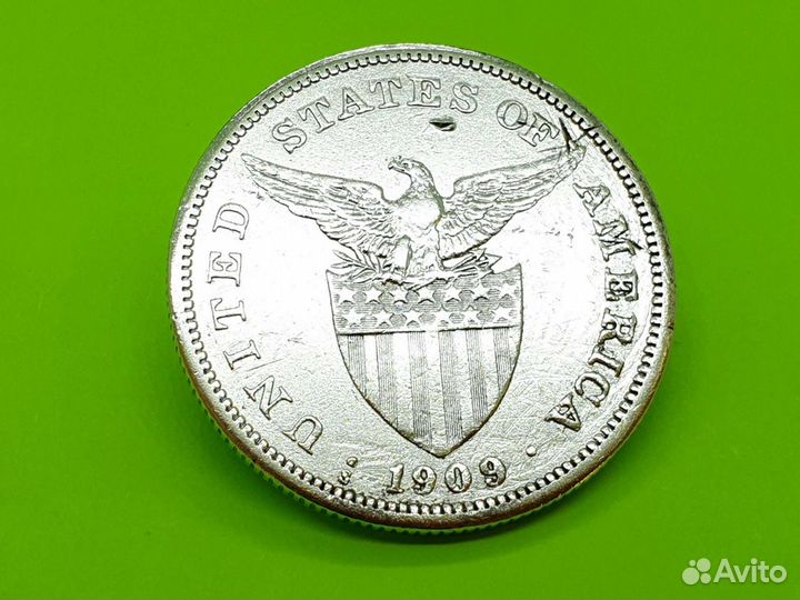 1 песо 1909 г Филиппины США Серебро 800* 20 гр