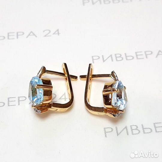 Золотые серьги с бриллиантами и топазом 585 пробы