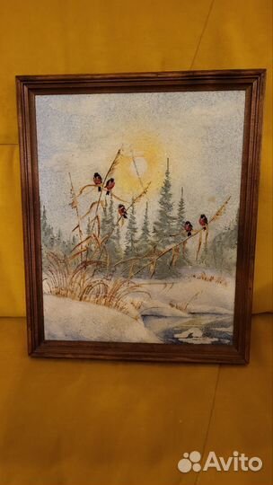 Картина зимний пейзаж, насыпная. Снегири