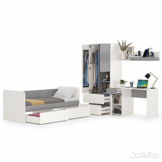 Молодёжная мебель в детскую комнату Торонто, цвет белый шагрень/стальной серый, спальное место 800х1