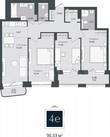 4-к. квартира, 90,3 м², 5/24 эт.
